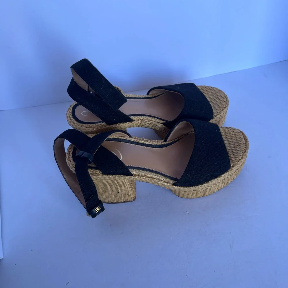 Sam Edelman Tan‎ Immie Black Woven Platform Ankle-Strap Heels